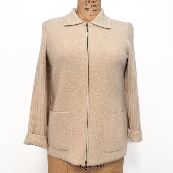 Lands End Cream Beige Boiled Wool Sweater Zip Front Jacket - Picture 7 of 14